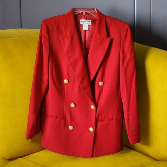 Pendleton Red Wool Structured Double-Breasted Blazer Jacket Gold Buttons Size 8